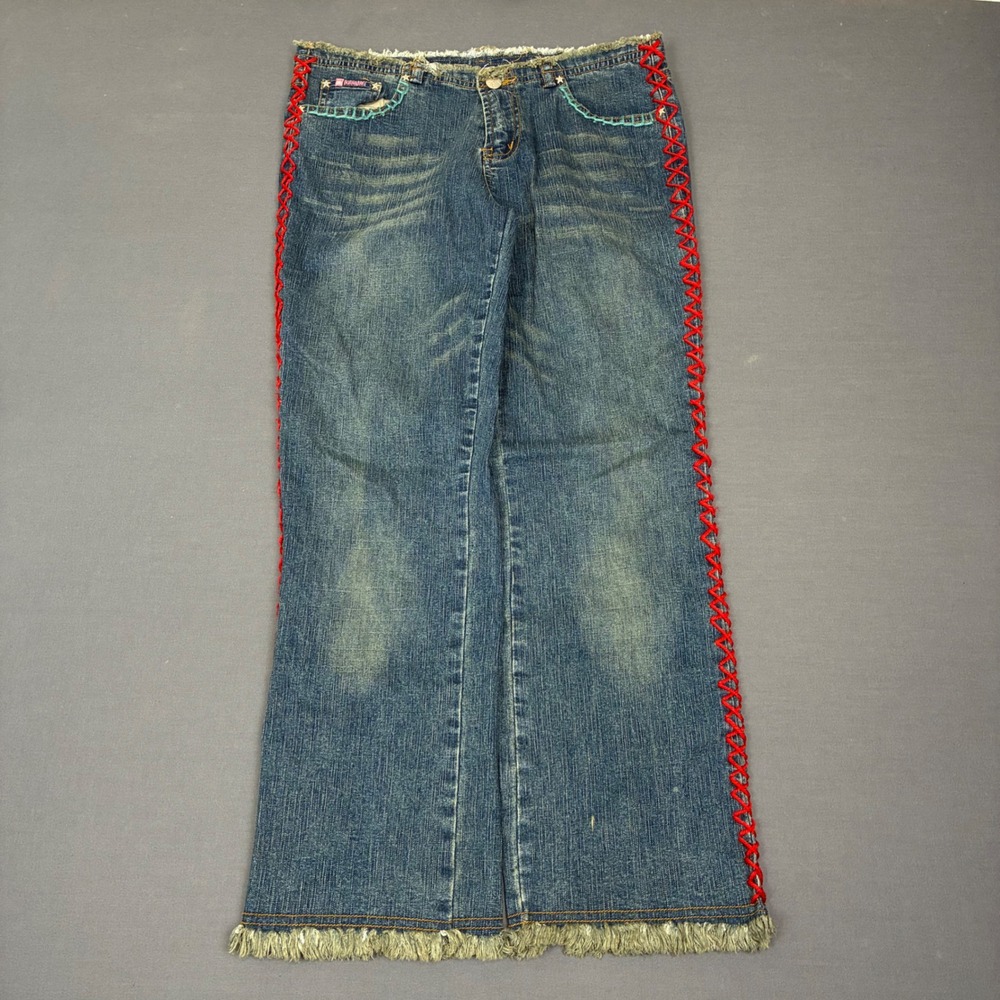 Y2K Bubble Gum Low Rise Flared Jeans Red Lace Fur Waist Size 7/8 (FITS 29x26)
